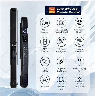 Waterproof IP 64 Wifi Black 3D Face Recognition Smart Door Lock Camera with TUYA App